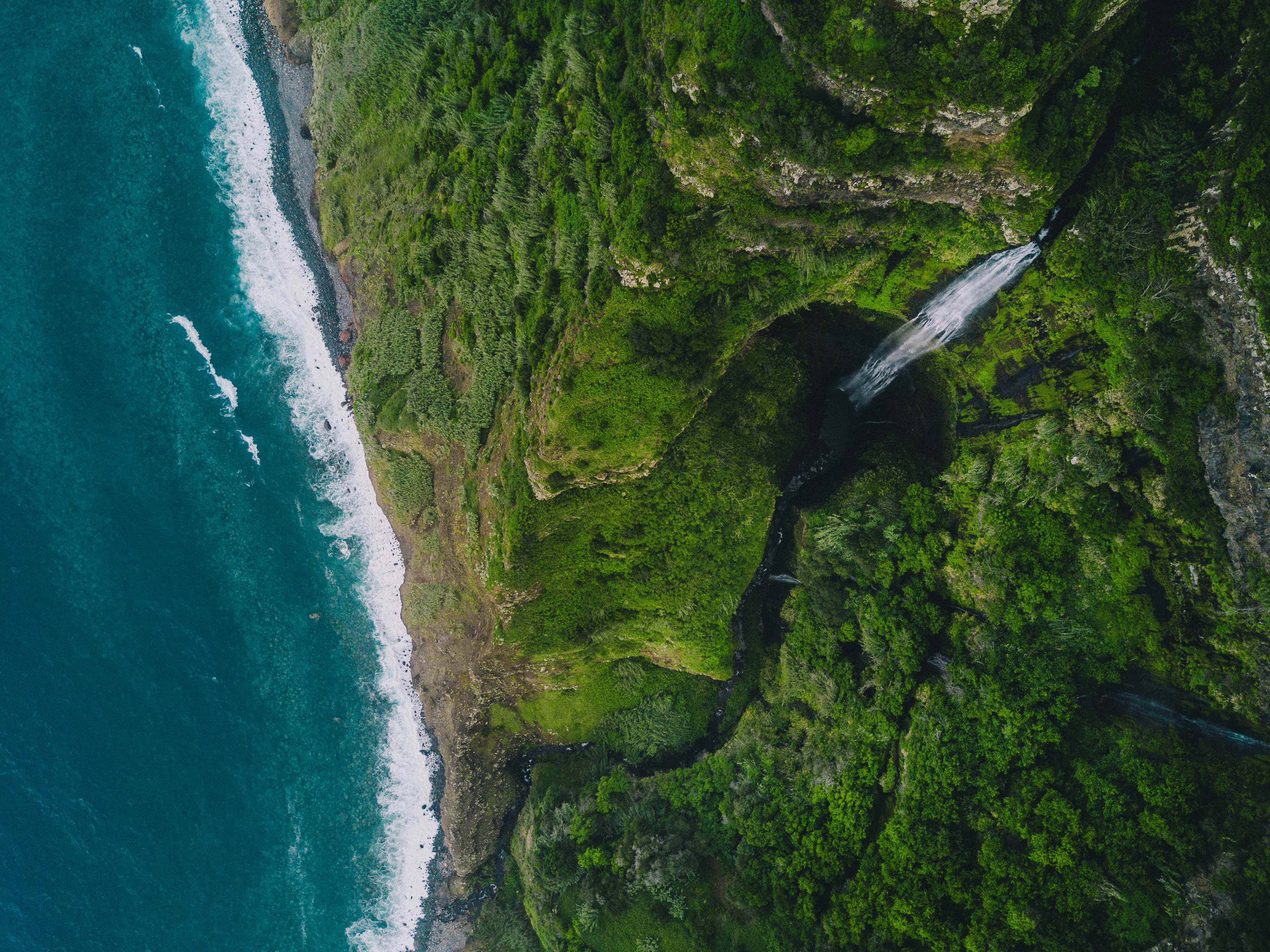 Achada do Gramacho Waterfall from above, Santana, Madeira Island.