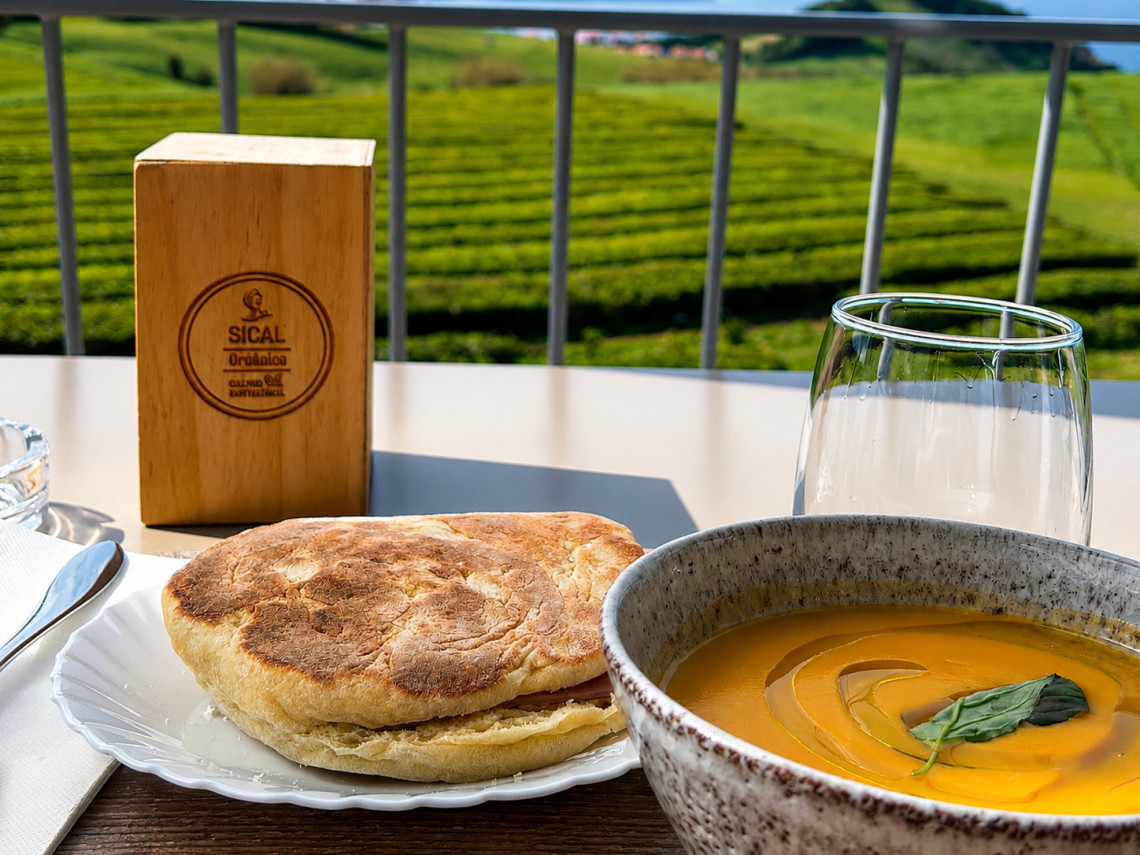 A bowl of pumpkin soup, a toasted sandwich, and a Sical organic coffee box on a caf&eacute; table at the Gorreana tea plantation, with rows of green tea bushes and the Atlantic coastline visible through the terrace railing behind