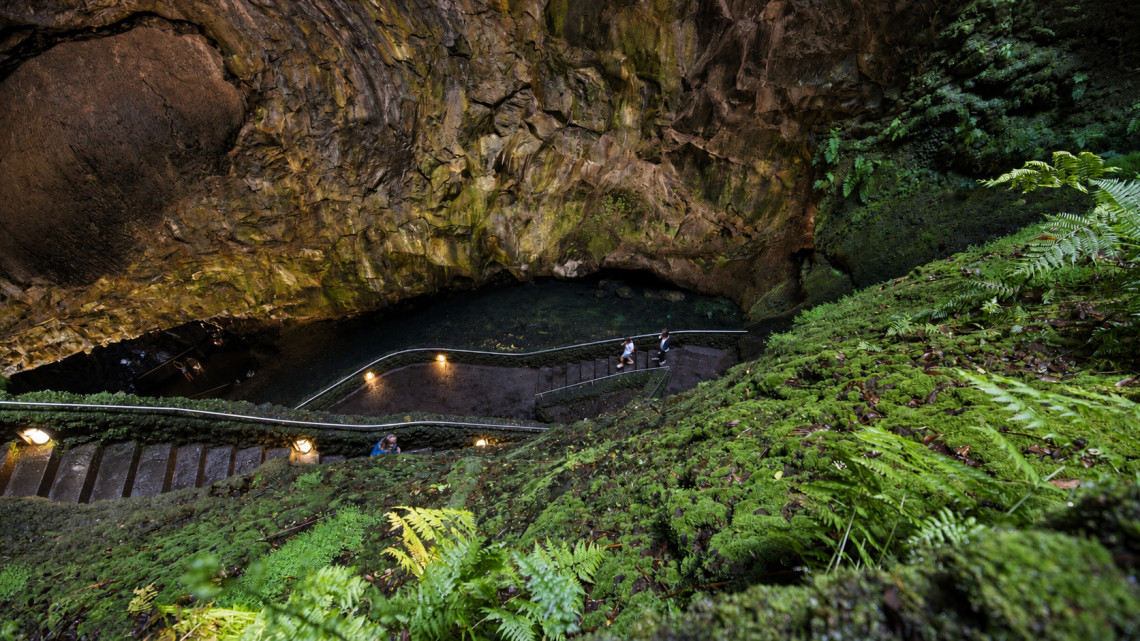 Interior of Algar do Carv&atilde;o showing the descending visitor stairway surrounded by volcanic rock, moss and ferns inside the vast natural cavern.