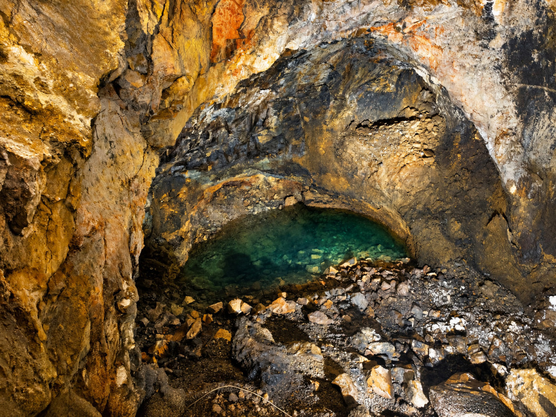Underground lagoon at the bottom of Algar do Carv&atilde;o on Terceira Island, surrounded by layered volcanic rock and mineral formations in shades of brown, orange and black.