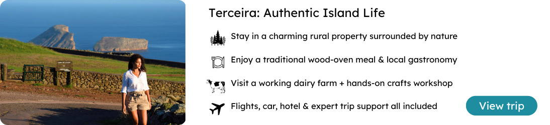 Terceira Authentic Island Life Experience – Azores Package Traveler walking along a rural path with ocean views in Terceira Island, Azores