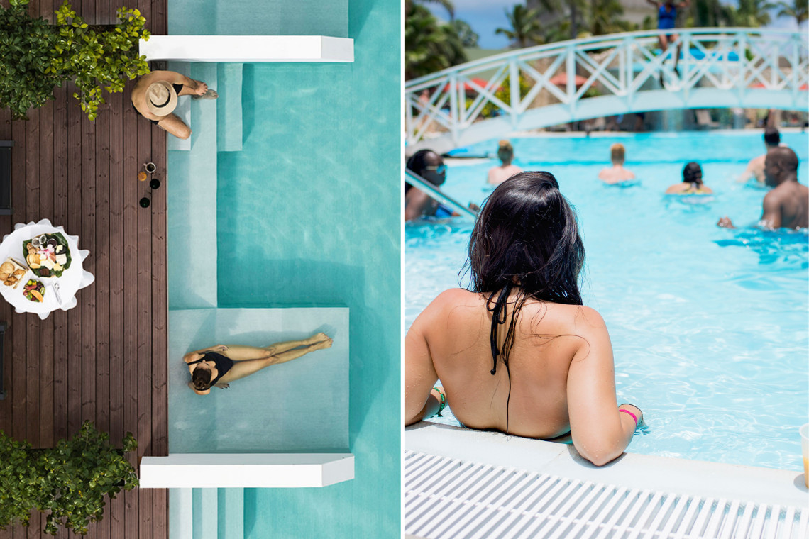 Contrast between a peaceful boutique-style pool in the Azores and a crowded all inclusive resort pool
