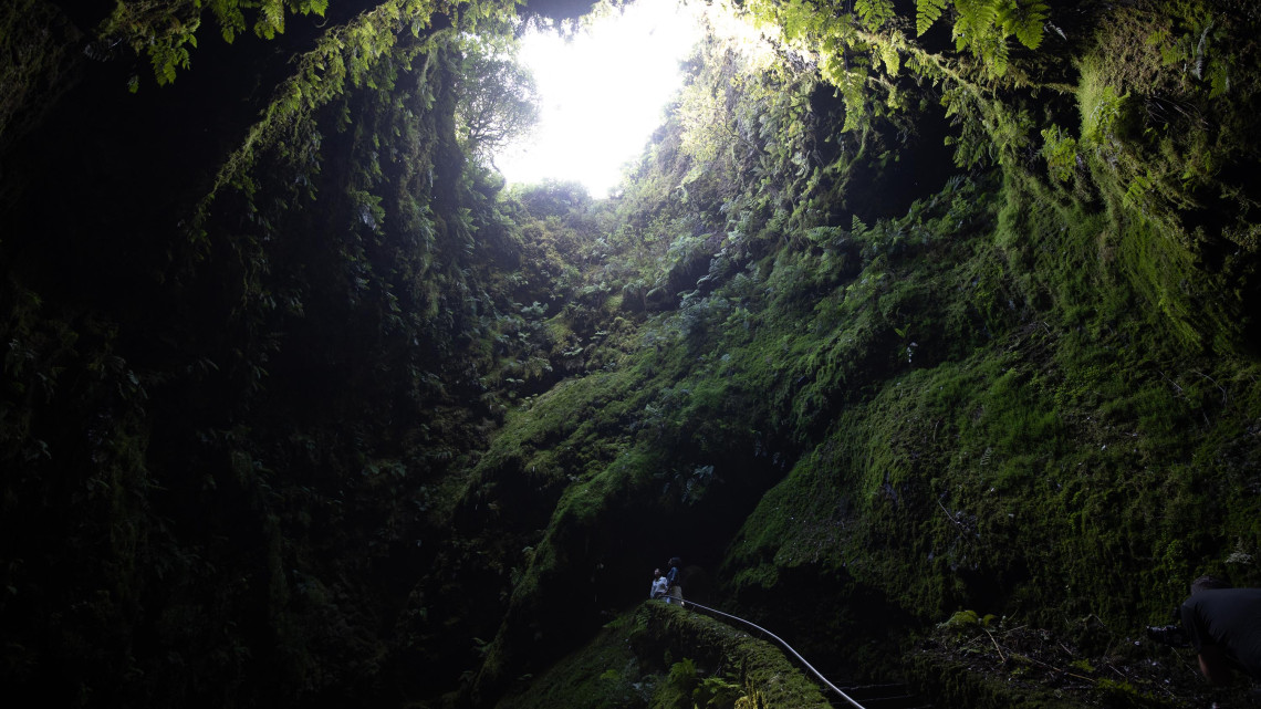 View from inside Algar do Carv&atilde;o on Terceira Island, Azores, Portugal. Moss-covered volcanic walls rise toward the natural skylight, showcasing one of the world's few volcanic chimneys open to visitors.