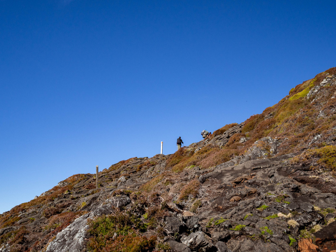Hikers ascend the rocky volcanic slopes of Mount Pico on Pico Island beneath a clear blue sky, following marked terrain toward Portugal&rsquo;s highest summit.