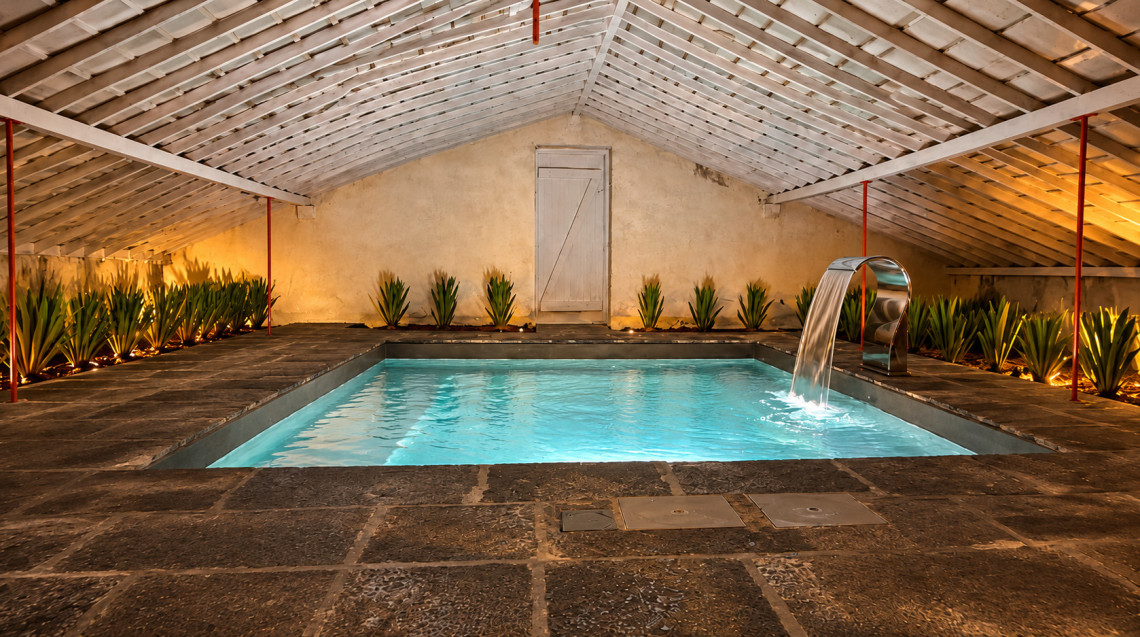 Warm-water pool inside a pineapple greenhouse at Herdade do Anan&aacute;s in S&atilde;o Roque, S&atilde;o Miguel Island, surrounded by rows of pineapple plants.