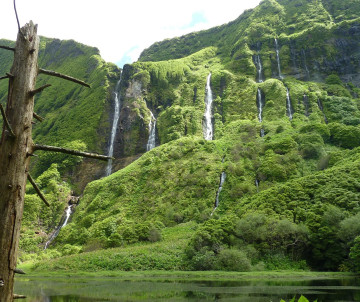 Multiple waterfalls descend the steep, vegetation-covered cliffs of Poço da Ribeira do Ferreiro on Flores Island, flowing toward the lagoon below.