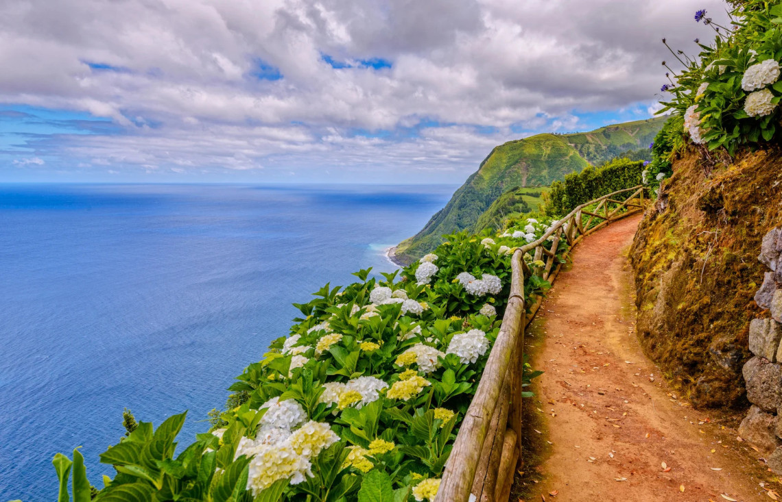 Winding garden path bordered by white hydrangeas at Miradouro da Ponta do Sossego, overlooking the dramatic green cliffs and Atlantic Ocean coastline of Nordeste, São Miguel Island, Azores