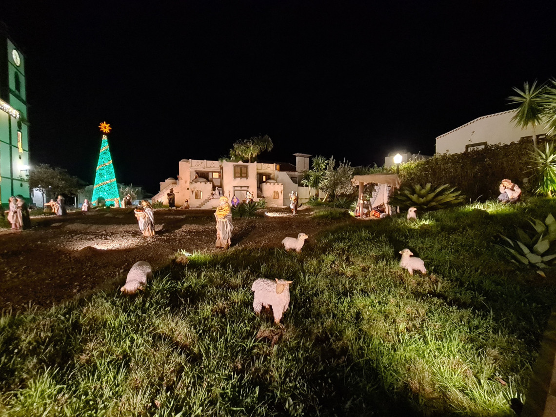 An outdoor Christmas nativity scene on S&atilde;o Miguel Island features shepherds, sheep and biblical figures arranged across a green landscape beside an illuminated Christmas tree.