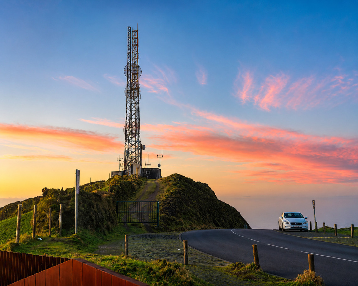 Sunset view in the Lagoa do Fogo area on S&atilde;o Miguel Island, showing a hilltop communications tower, a winding roadside viewpoint and soft pink clouds over the Azores landscape.