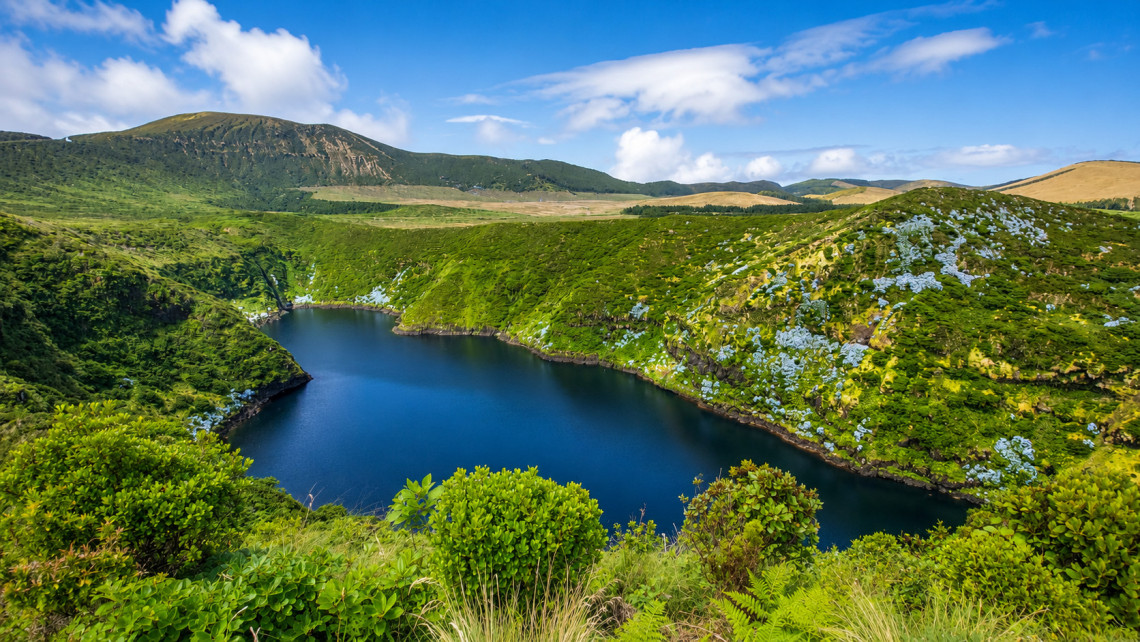 Lagoa Negra in Lajes das Flores on Flores Island, Azores, Portugal, fills a volcanic crater surrounded by green slopes. Blue hydrangeas, ferns and native vegetation frame the deep-blue lake.