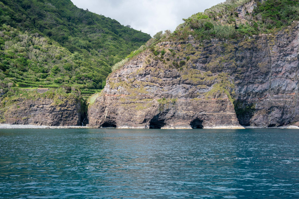 Volcanic sea caves open along the steep western coastline of Flores Island in the Azores, Portugal. Layered dark cliffs rise from the Atlantic Ocean beneath dense coastal vegetation.