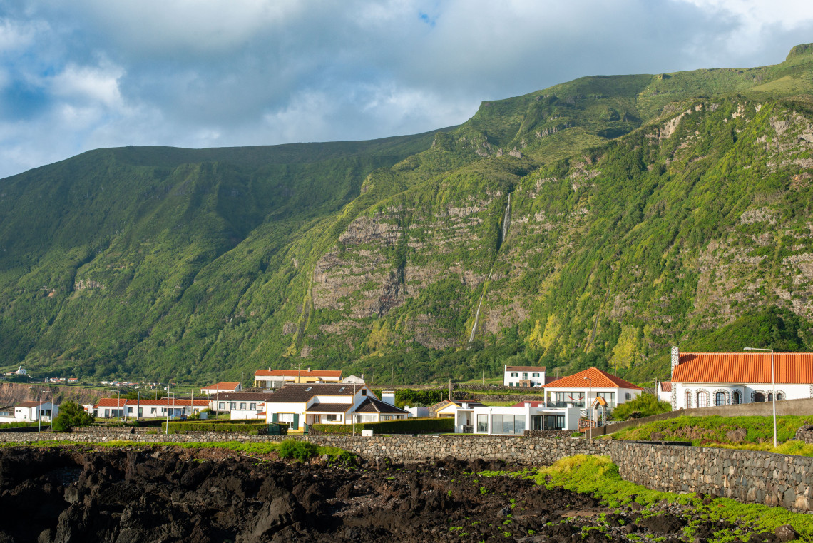 Rocha da Faj&atilde;, Faj&atilde; Grande, Flores Island, Azores, Portugal &ndash; Waterfalls Above the Coastal Village