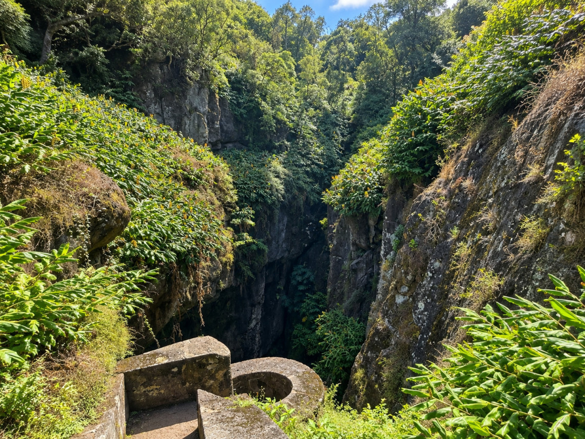 Deep volcanic opening at Furna do Enxofre on Graciosa Island, surrounded by steep rock walls, ferns and dense vegetation near the cave access route.