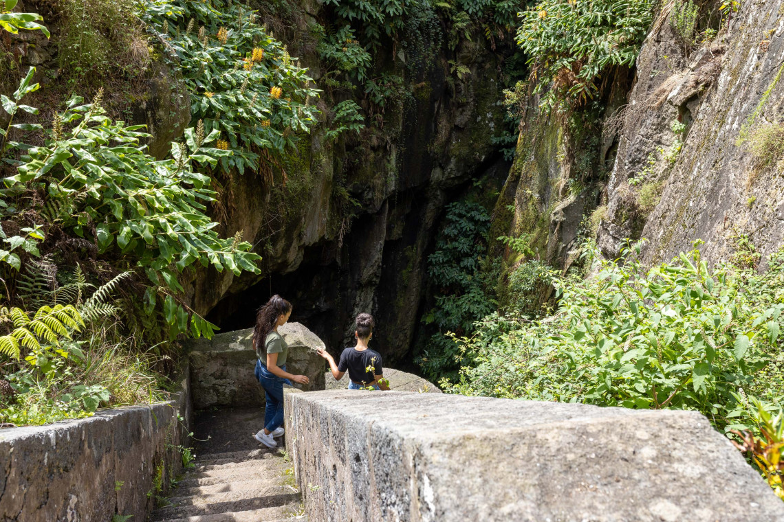 Visitors descending stone steps toward Furna do Enxofre on Graciosa Island, surrounded by tall volcanic walls covered in ferns and subtropical vegetation.