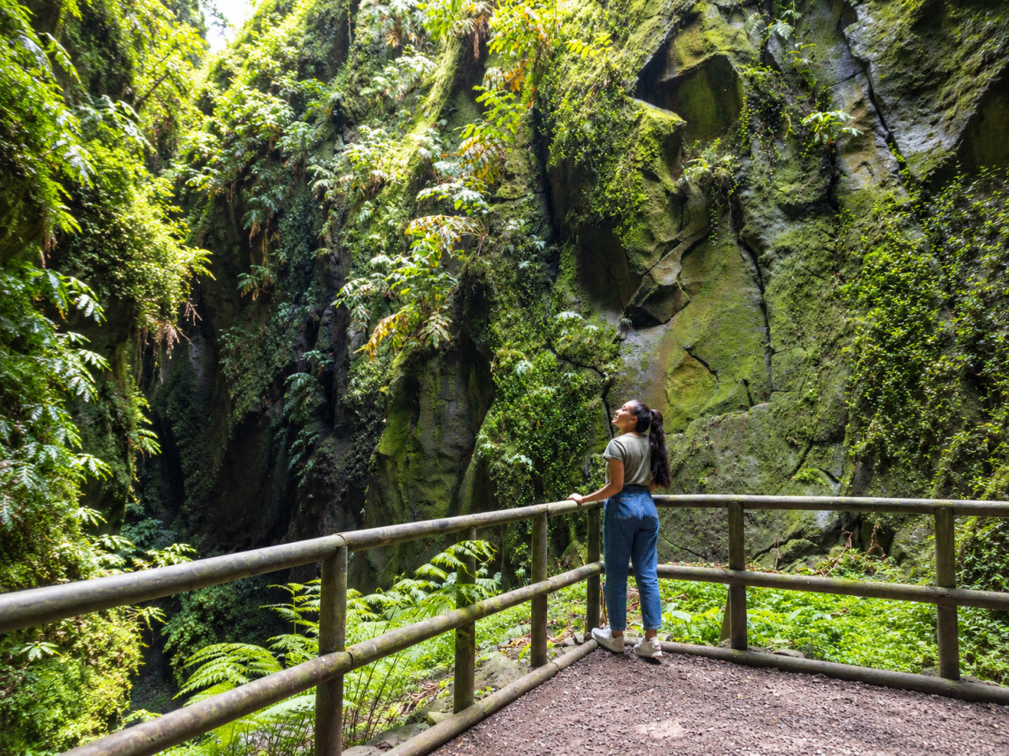 Traveler standing at a wooden viewpoint beside the deep volcanic opening of Furna do Enxofre, surrounded by lush vegetation and moss-covered rock walls inside Caldeira da Graciosa.