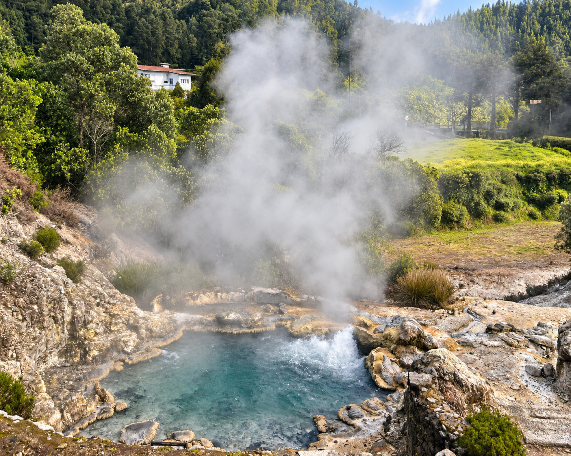 Bubbling geothermal spring at the Caldeiras das Furnas on S&atilde;o Miguel Island, with steam rising from mineral-rich volcanic water.