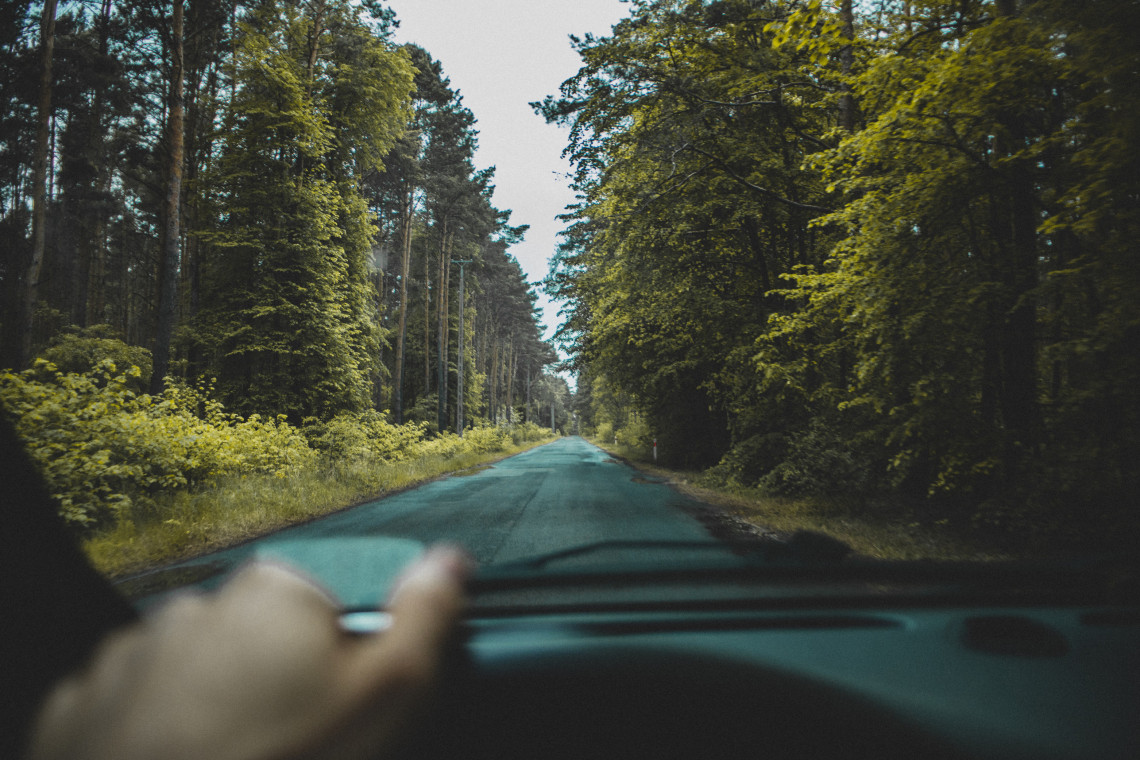 Vista desde el interior de un coche conduciendo por una carretera rodeada de bosque verde en las Azores, una forma c&oacute;moda y relajada de recorrer la isla
