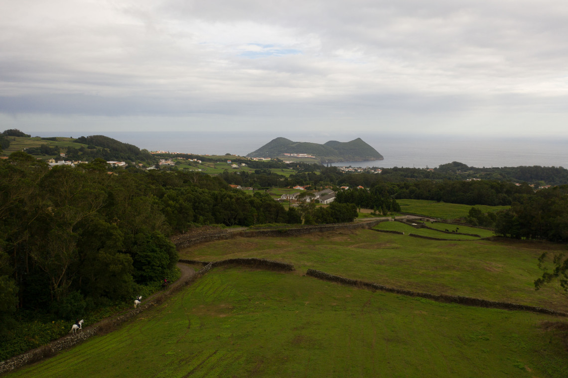 Green pastures and traditional stone-walled fields on Terceira Island overlooking the Atlantic Ocean, with the volcanic Ilh&eacute;us das Cabras visible off the southern coast.