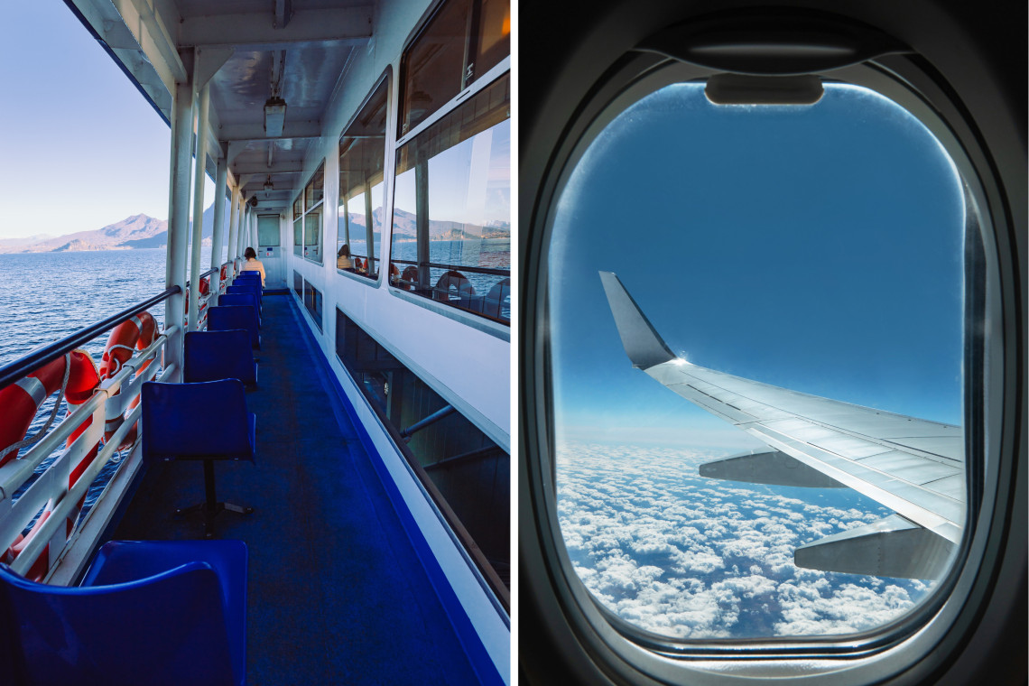 Comparaci&oacute;n entre viajar en ferry y en avi&oacute;n para desplazarse entre islas en las Azores, mostrando un ferry mar&iacute;timo y la vista desde un avi&oacute;n en vuelo interinsular