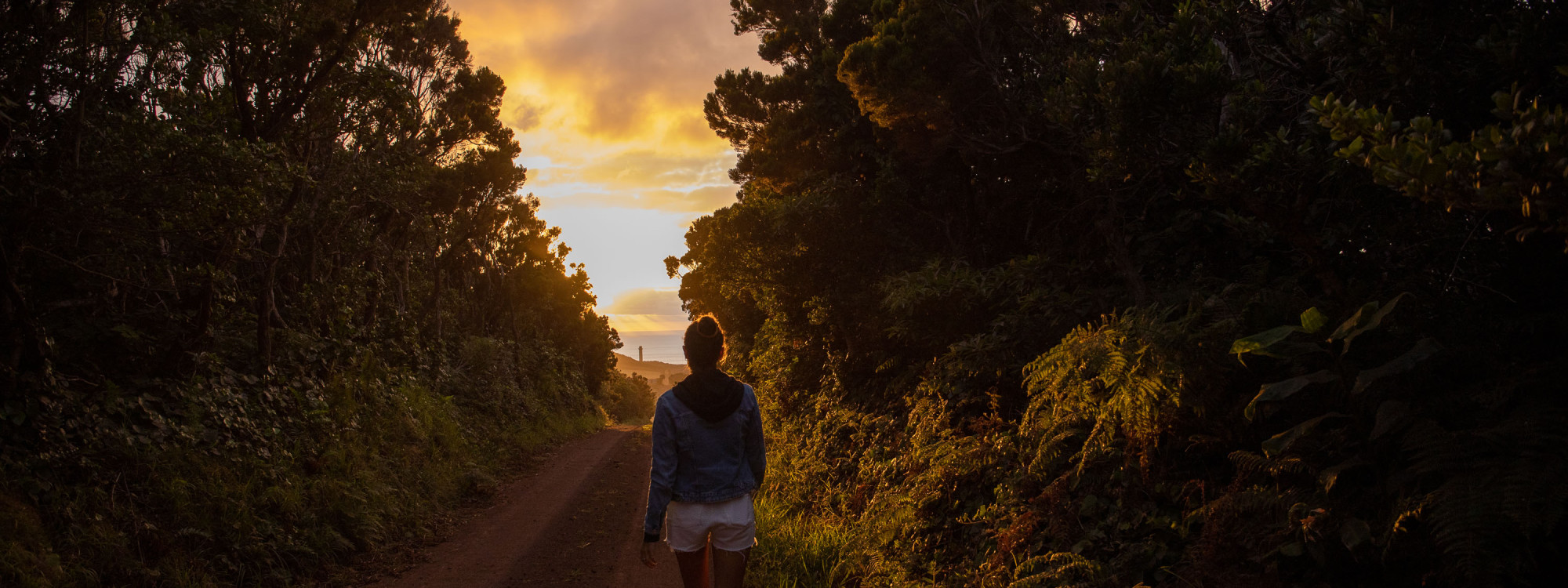 Traveler walking along a quiet dirt road through the vegetation of Ponta dos Rosais on São Jorge Island as warm evening light filters through the trees.
