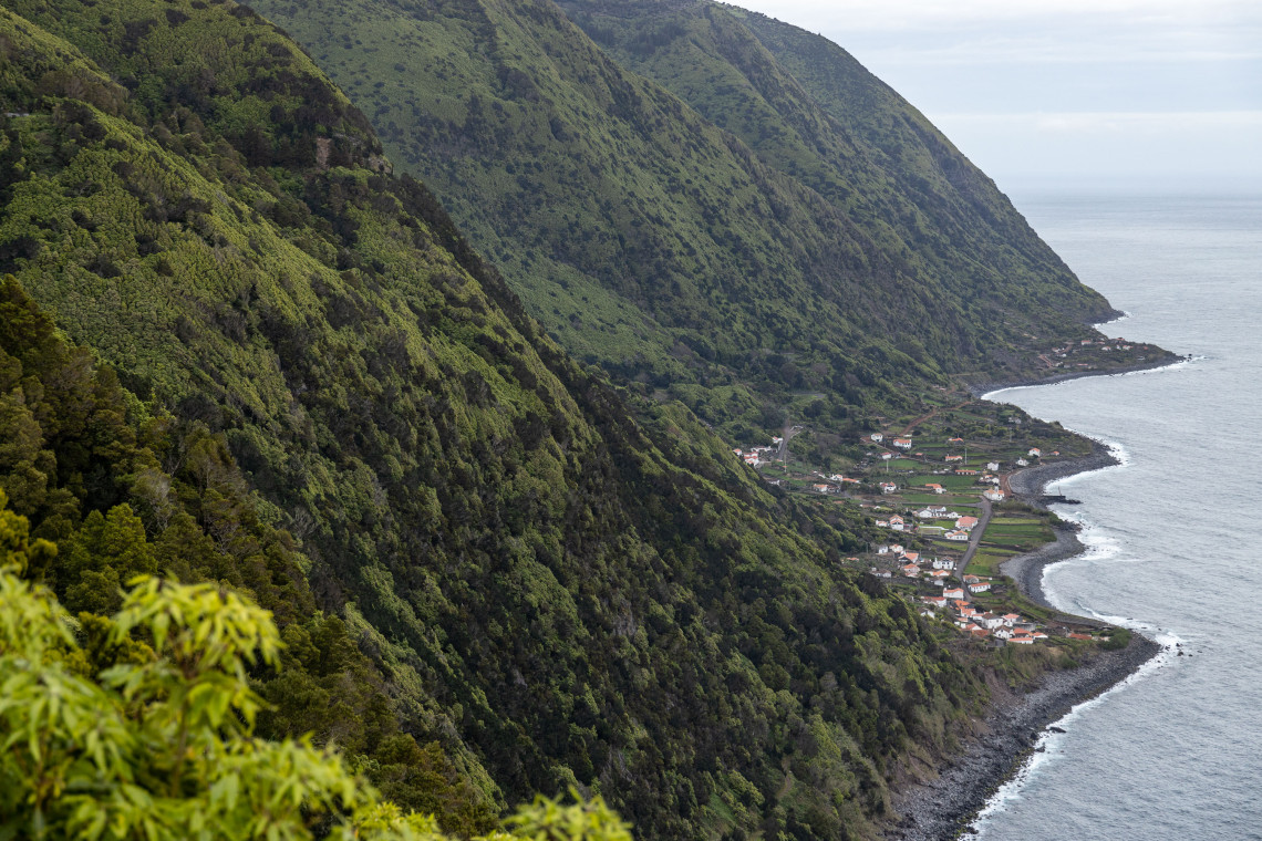 Elevated view of Faj&atilde; dos Vimes on S&atilde;o Jorge Island, with a small settlement and cultivated plots extending along the narrow shoreline below steep forested cliffs.