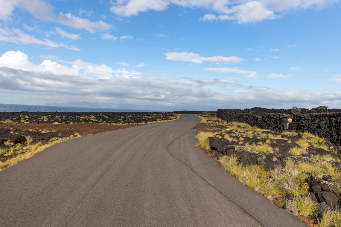 Road crossing the volcanic landscape of Pico Island, bordered by black basalt rock, low vegetation and traditional stone walls beneath a partly cloudy sky.
