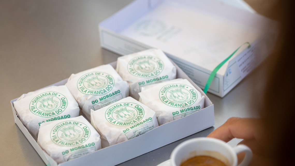 Box of individually wrapped Queijadas da Vila, the traditional sweet pastries from Vila Franca do Campo on S&atilde;o Miguel Island.