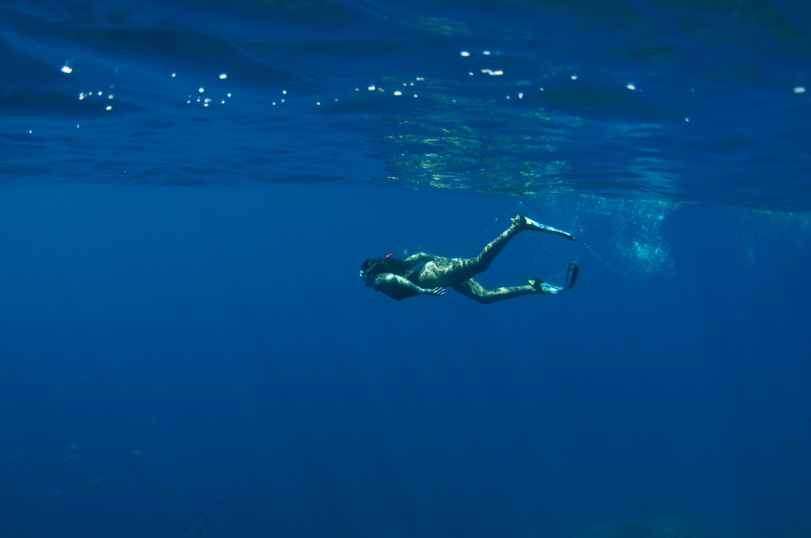 Snorkeler swimming through clear blue Atlantic waters off S&atilde;o Miguel Island, exploring the underwater environment of the Azores.