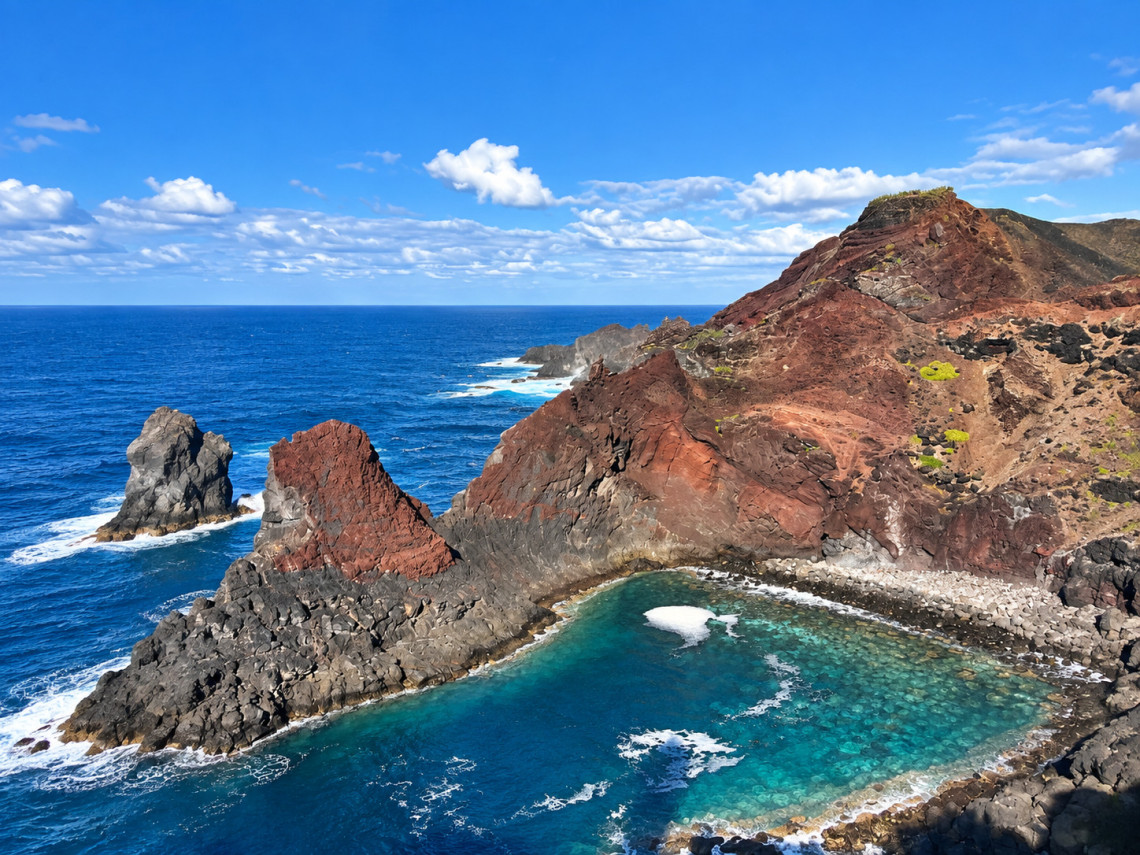 Ba&iacute;a da Ponta da Barca on Graciosa Island, with layered red and dark volcanic cliffs enclosing clear blue Atlantic water and rugged offshore rock formations.