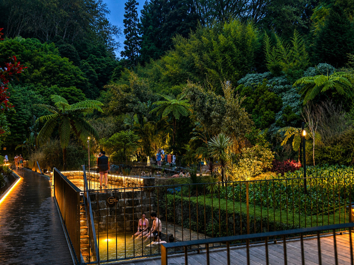 Visitors bathe in the illuminated thermal pools of Po&ccedil;a da Dona Beija in Furnas, S&atilde;o Miguel Island. Stone-lined pools and wooden walkways extend through dense vegetation after sunset.