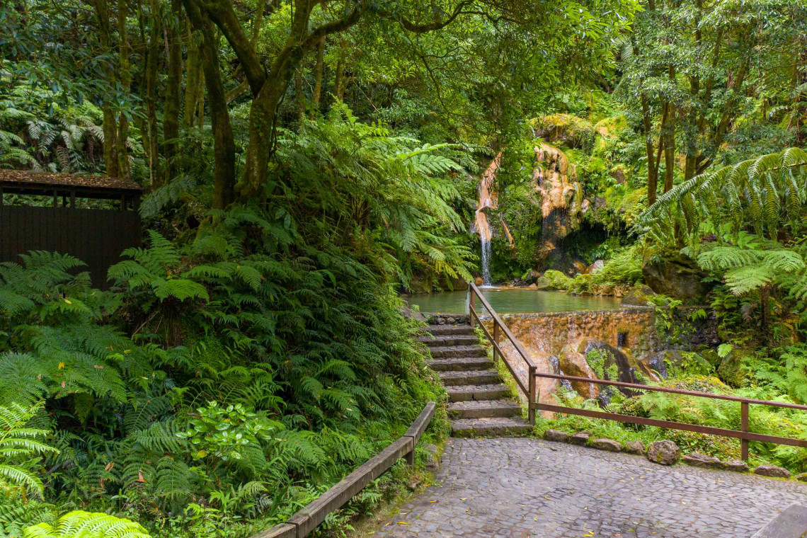 A stone path and steps lead to a waterfall-fed thermal pool at Caldeira Velha near Ribeira Grande. Large ferns and woodland vegetation cover the geothermal landscape on S&atilde;o Miguel Island.