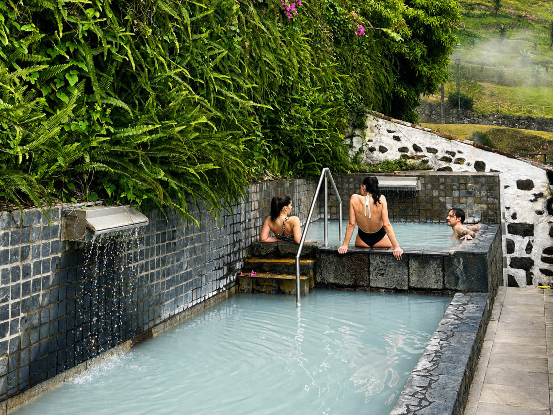 Visitors relax in the outdoor geothermal pools at Termas das Caldeiras in Ribeira Grande, S&atilde;o Miguel Island, Azores. Mineral-rich water fills the stone-lined pools beside a wall covered with ferns and other tropical vegetation.