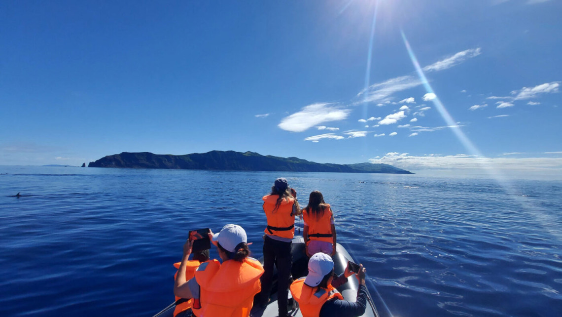 Passengers wearing life jackets observe the Atlantic Ocean from a boat off S&atilde;o Jorge Island during a marine wildlife and coastal sightseeing experience.