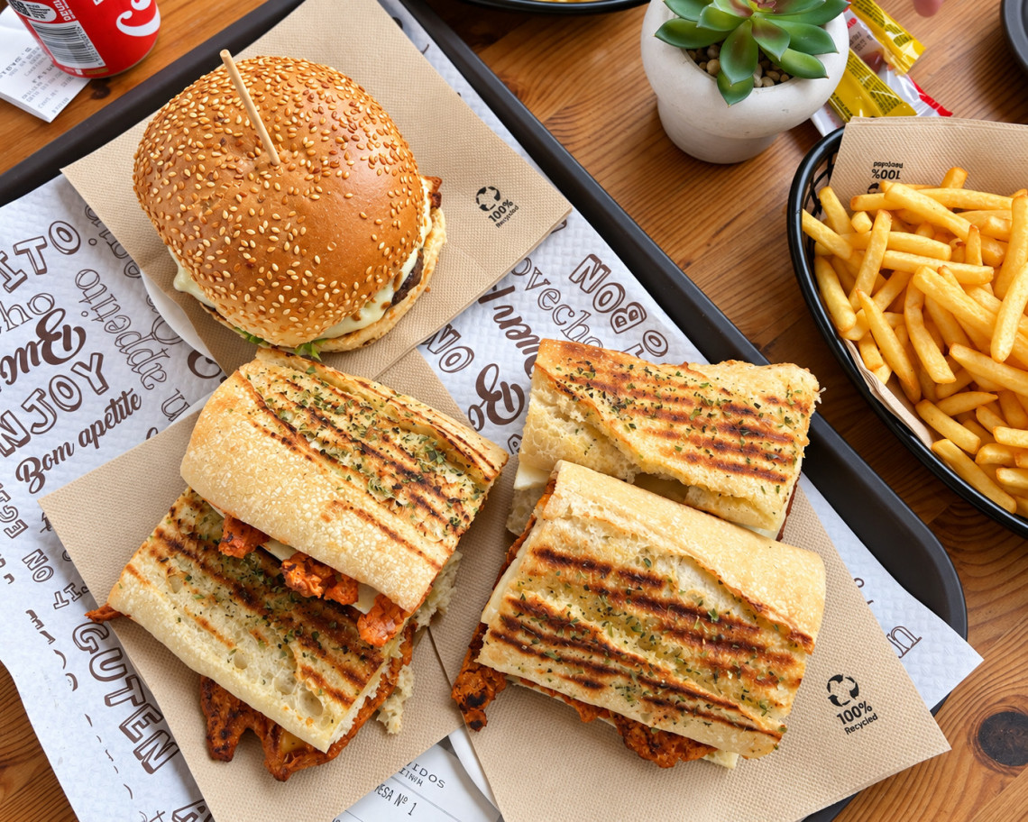 Casual meal with a sesame burger, grilled sandwiches and French fries served at a restaurant on S&atilde;o Miguel Island.