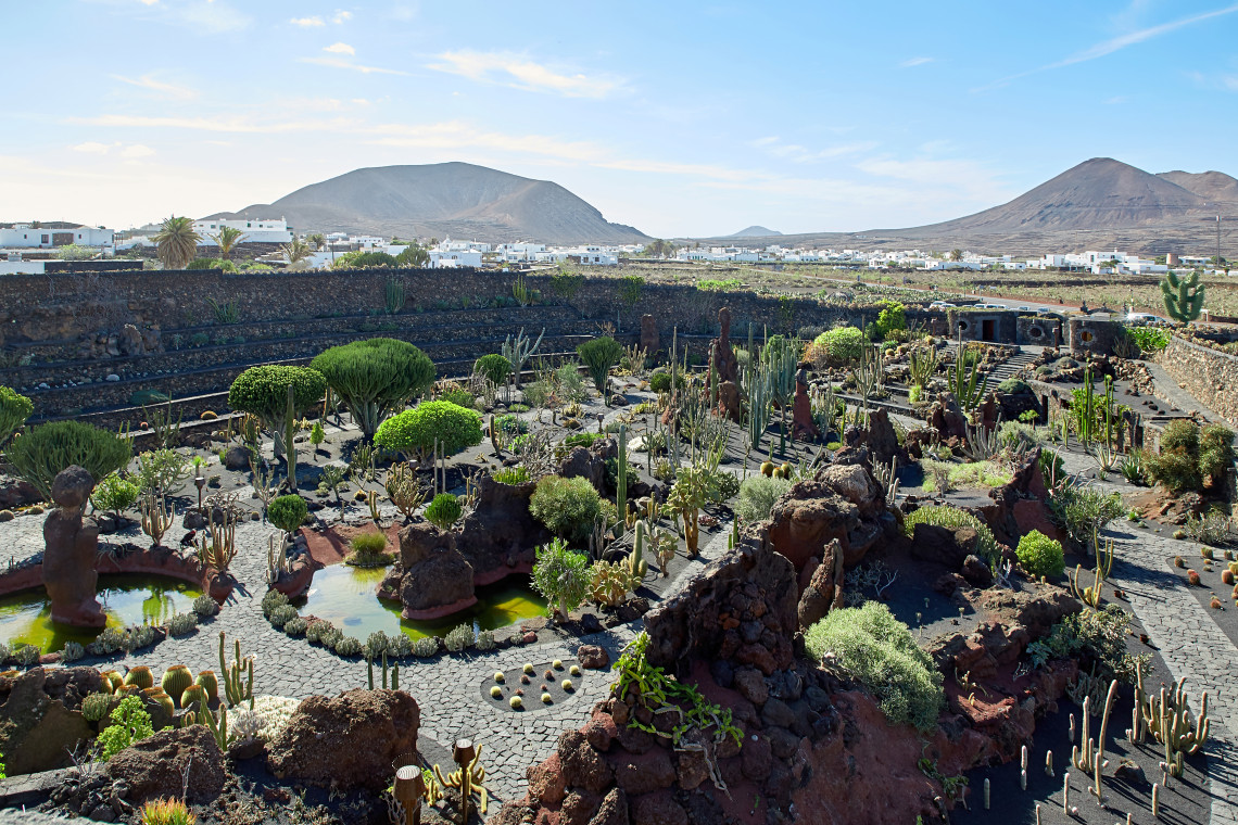 Jard&iacute;n de Cactus in Guatiza, Lanzarote, featuring a large collection of cacti and succulents arranged among dark volcanic rock against the island&rsquo;s arid landscape.