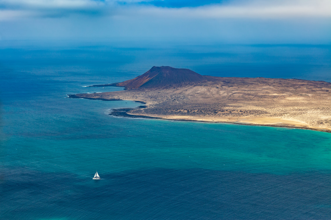 Aerial view of Isla de Lobos off the coast of Fuerteventura, showing its volcanic cone, pale shoreline, turquoise shallows, and a sailboat crossing the surrounding Atlantic waters.