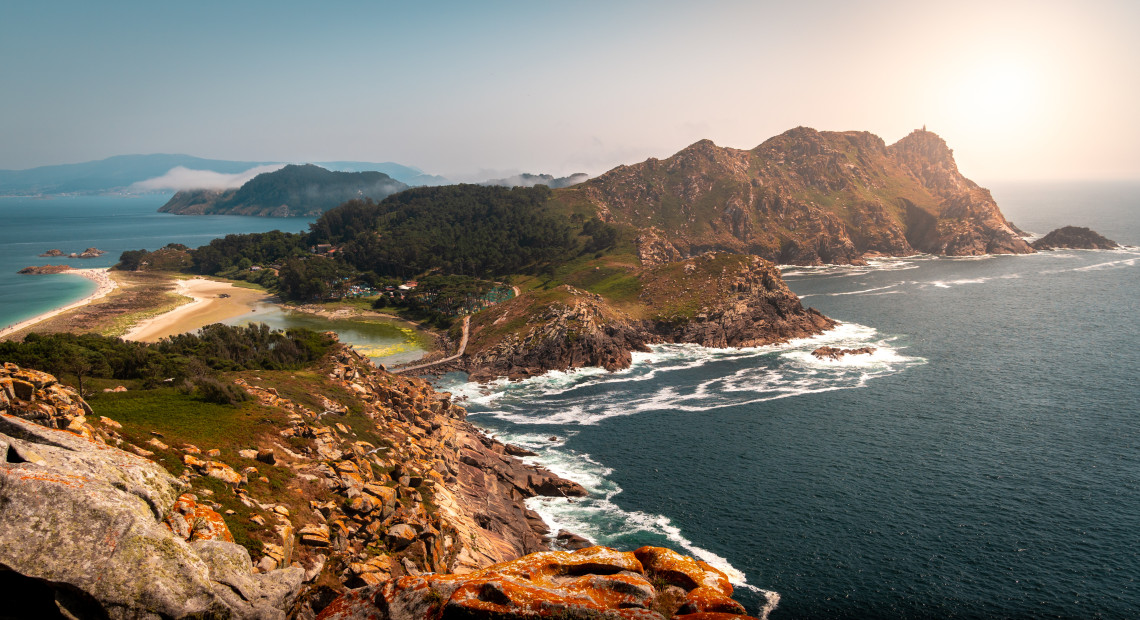 Rugged coastline and beach of the C&iacute;es Islands in Galicia, Spain, seen from above