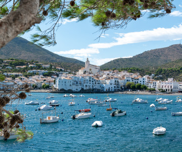 Small fishing boats and leisure vessels fill Cadaqués Bay on the Costa Brava in Spain. Pine branches frame the whitewashed waterfront, with Santa Maria Church rising above the town between the surrounding hills.