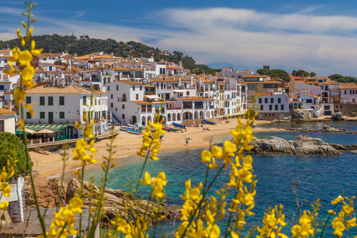 Whitewashed houses and terracotta rooftops line the beach at Calella de Palafrugell in Spain. Rocky outcrops, clear Mediterranean water and yellow coastal flowers frame the Costa Brava village.