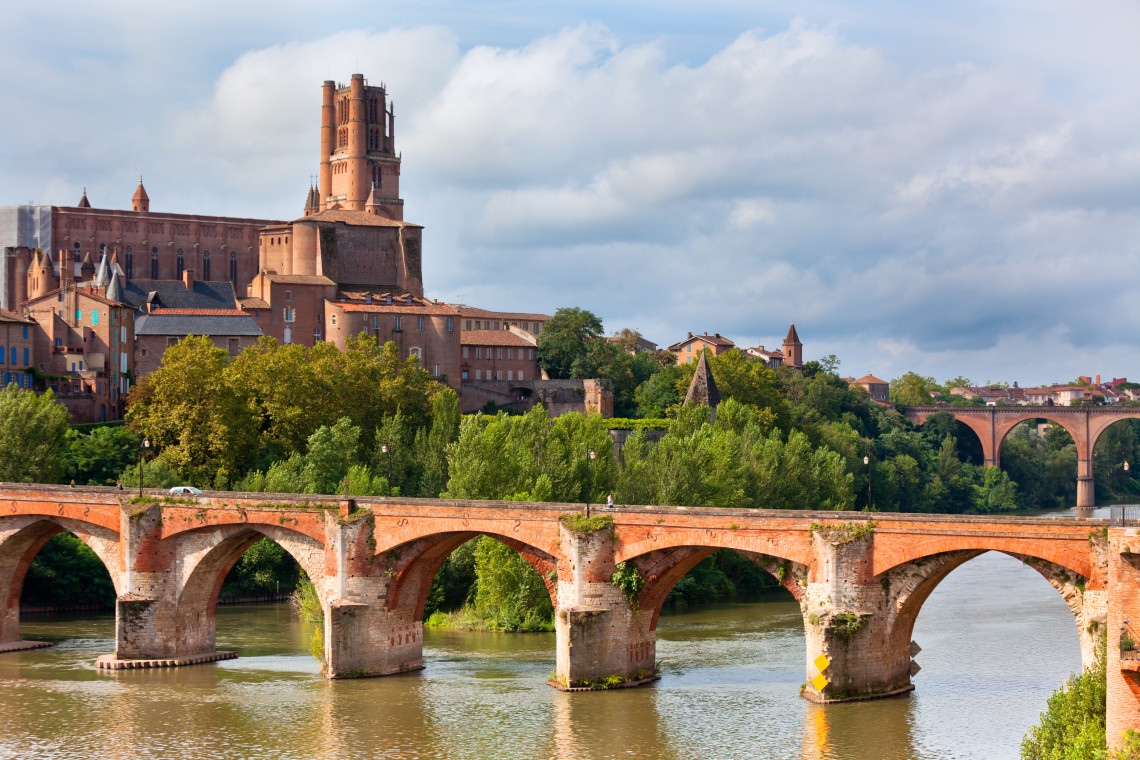 Panoramic view of Albi's UNESCO-listed medieval brick cityscape with the Sainte-C&eacute;cile Cathedral, Midi-Pyr&eacute;n&eacute;es, France