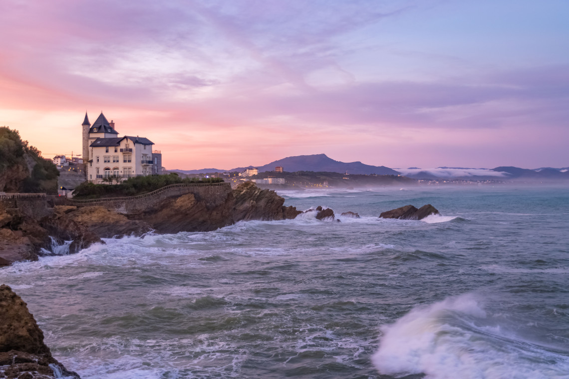 Panoramic view of Biarritz coastline with Atlantic waves breaking on the beach and the Grande Plage, Basque Country, France
