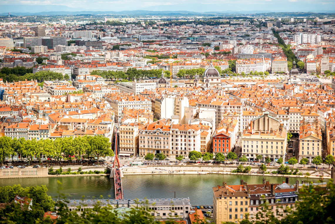 Aerial view of Lyon cityscape along the Sa&ocirc;ne River with Fourvi&egrave;re Basilica on the hilltop, France