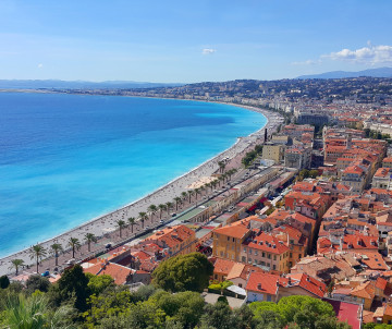 Aerial view of Nice old town rooftops, Promenade des Anglais and turquoise Mediterranean Sea from Castle Hill, Cote d'Azur, France