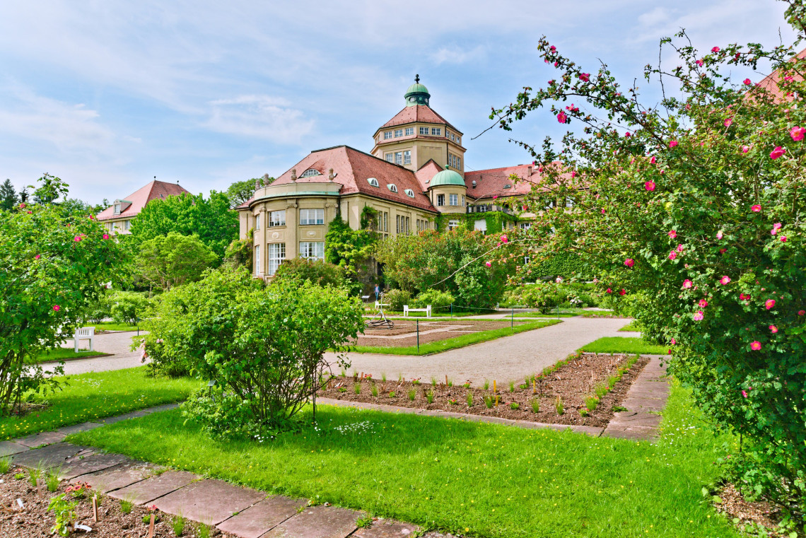 Landscaped gardens and flowering roses surround the historic domed building at the Munich-Nymphenburg Botanical Garden.