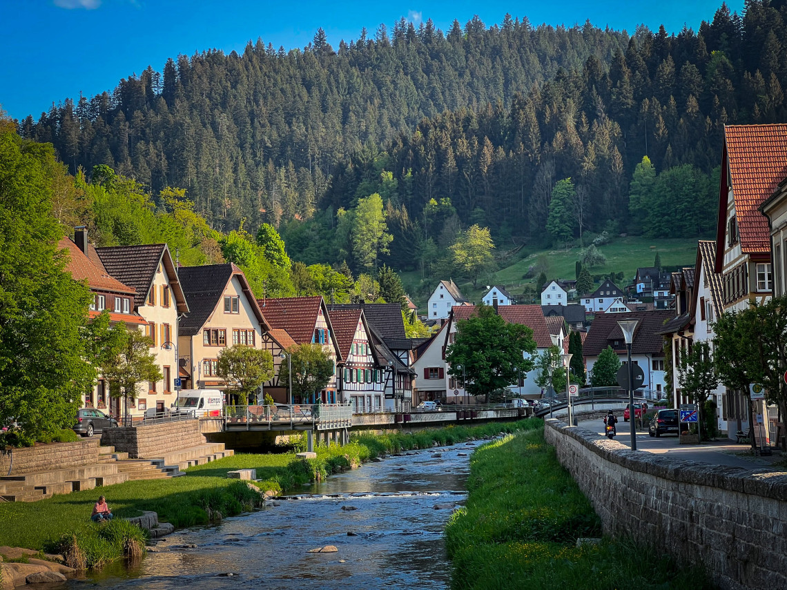 Traditional houses line a narrow river through the Old Town of Schiltach, Germany. Forested hills rise behind the residential streets and stone riverbanks.