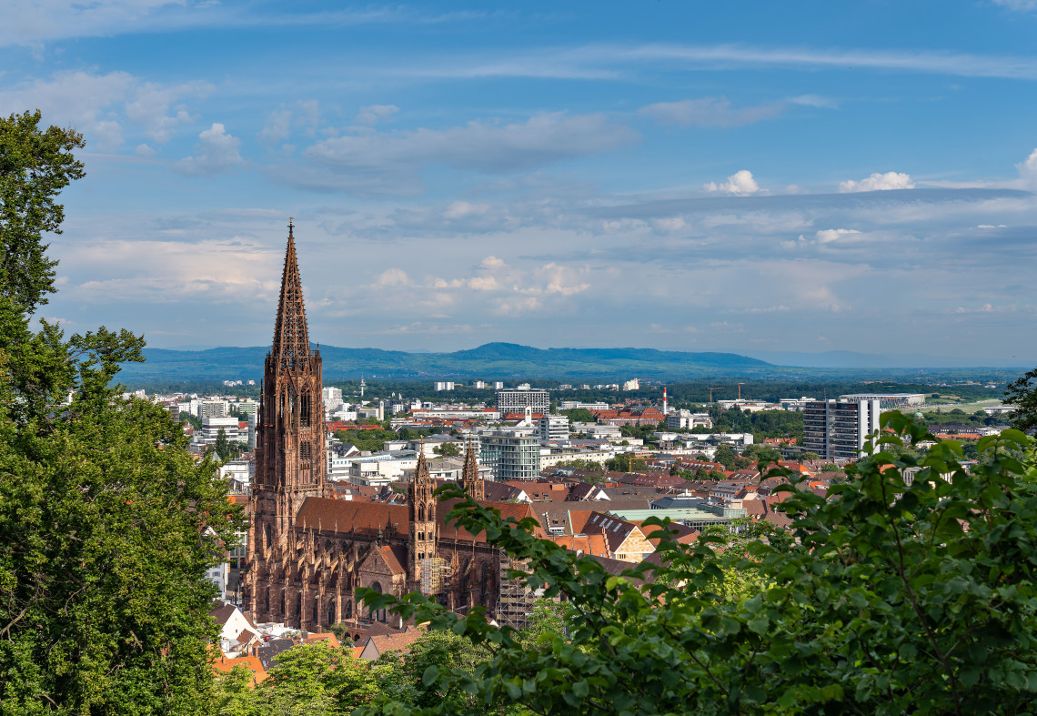 Freiburg Minster rises above the rooftops of Freiburg im Breisgau, Germany, in an elevated view from the Schlossberg hillside. Trees frame the Gothic church and surrounding cityscape.