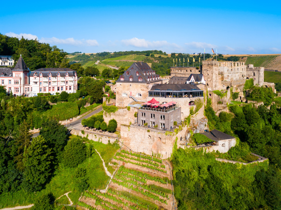 The extensive ruins of Rheinfels Castle overlook terraced vineyards above St Goar, Germany. Historic stone walls, hotel buildings and wooded hills surround the fortress complex.