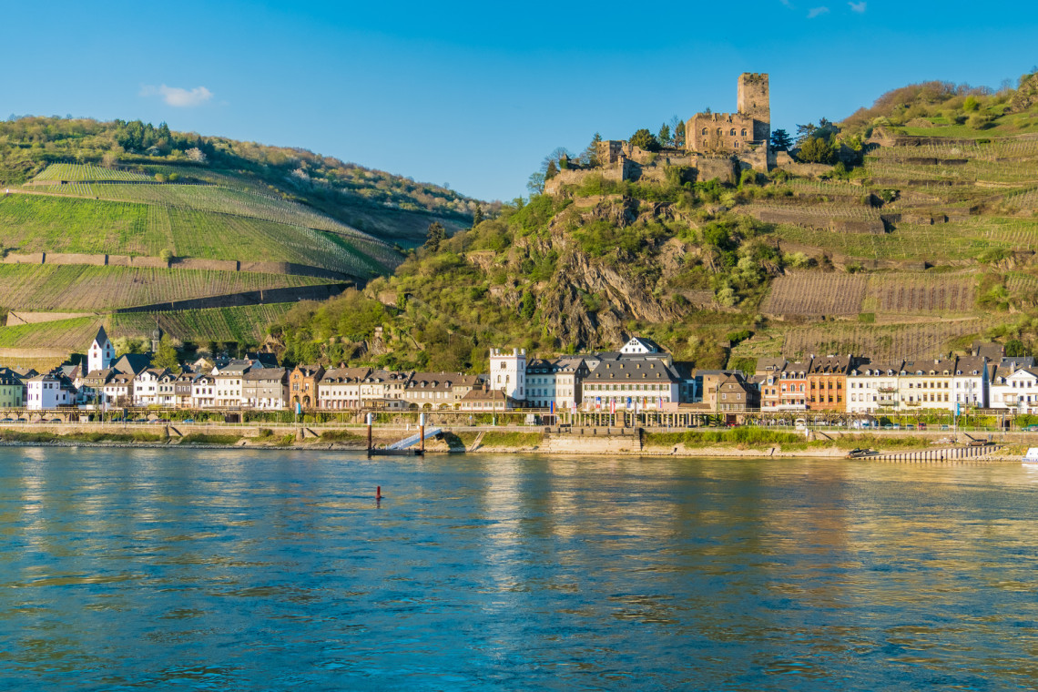 Gutenfels Castle rises above the riverside town of Kaub, Germany. Vineyard terraces cover the steep hillside behind the colourful buildings along the Rhine.