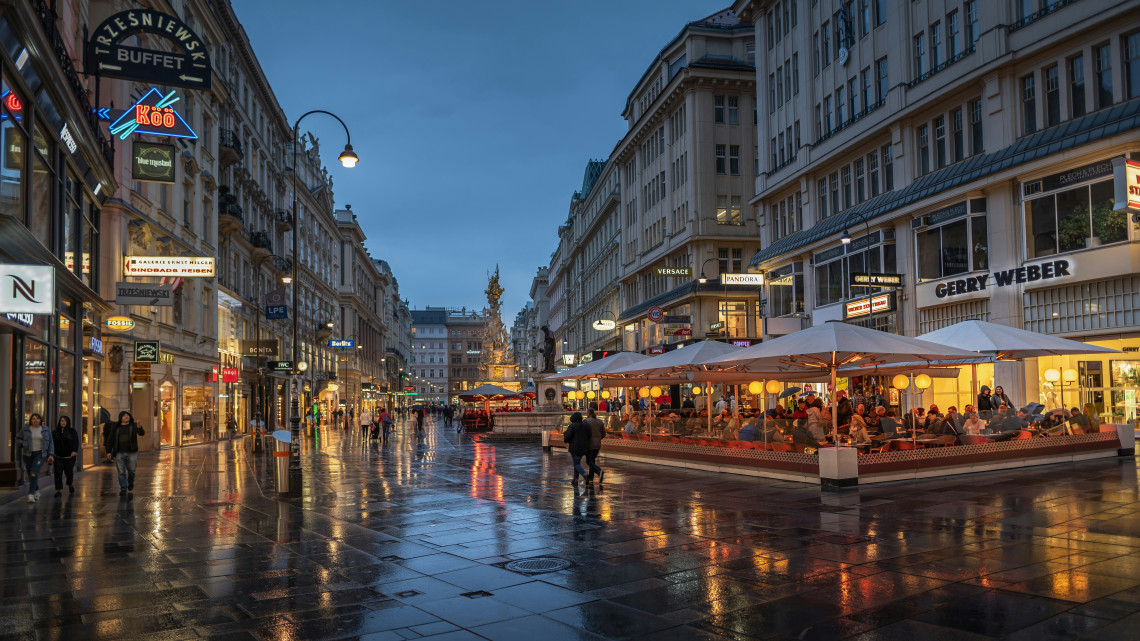 Evening view of the Graben pedestrian promenade in central Vienna, Austria, with shops, outdoor caf&eacute;s and historic buildings reflected on wet paving. The Plague Column rises in the distance beneath the cloudy sky.