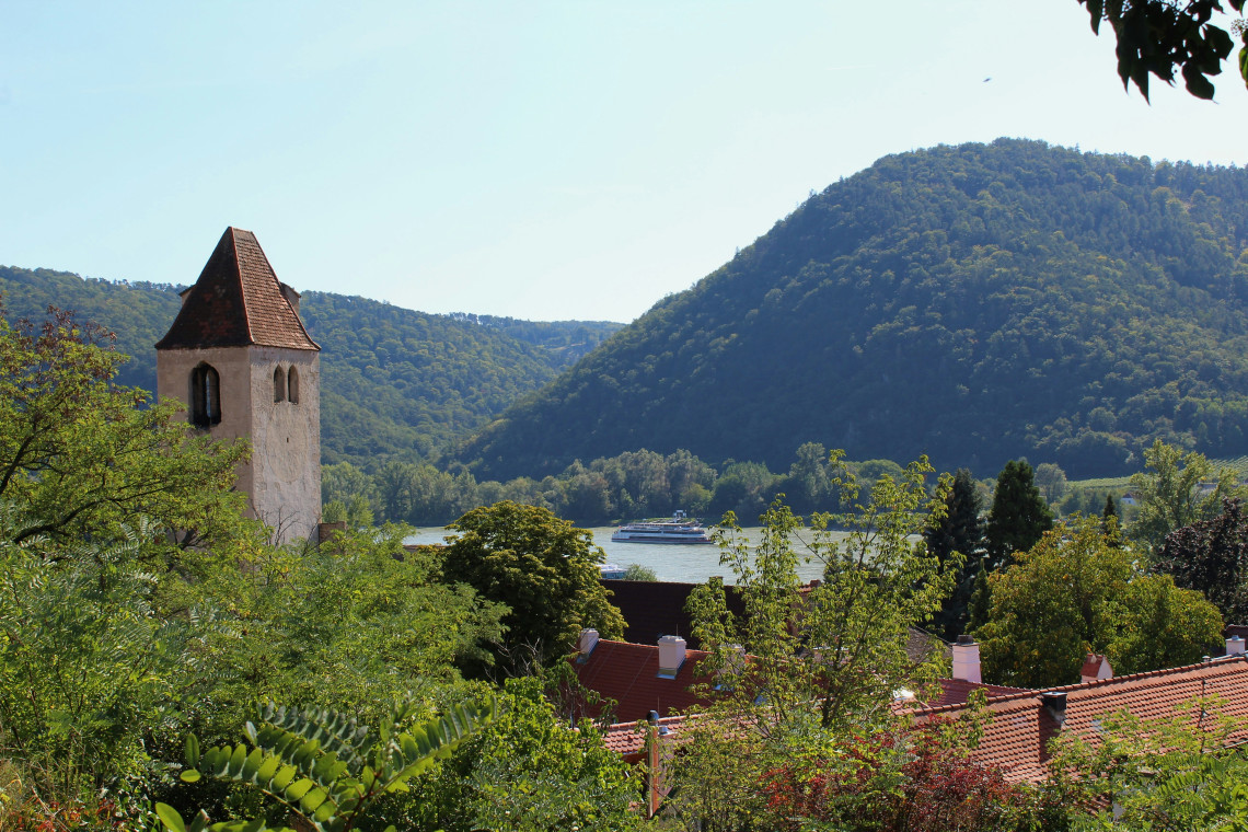 A historic church tower rises among trees and red-roofed houses in D&uuml;rnstein, Austria. The Danube River and forested hills of the Wachau Valley extend behind the village.